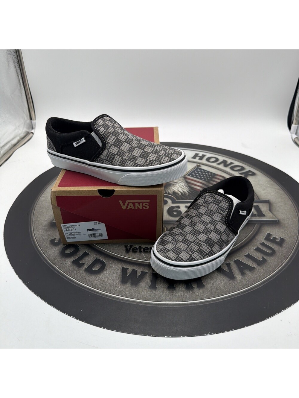 Vans Big Kids' Asher Slip-on Linear Check Asphalt/Black Size 3.5